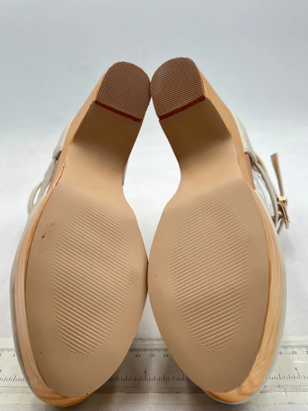 Beige Platform Rounded Toe Cutout Strap Buckle Cork Block High Heels Ankle Boot